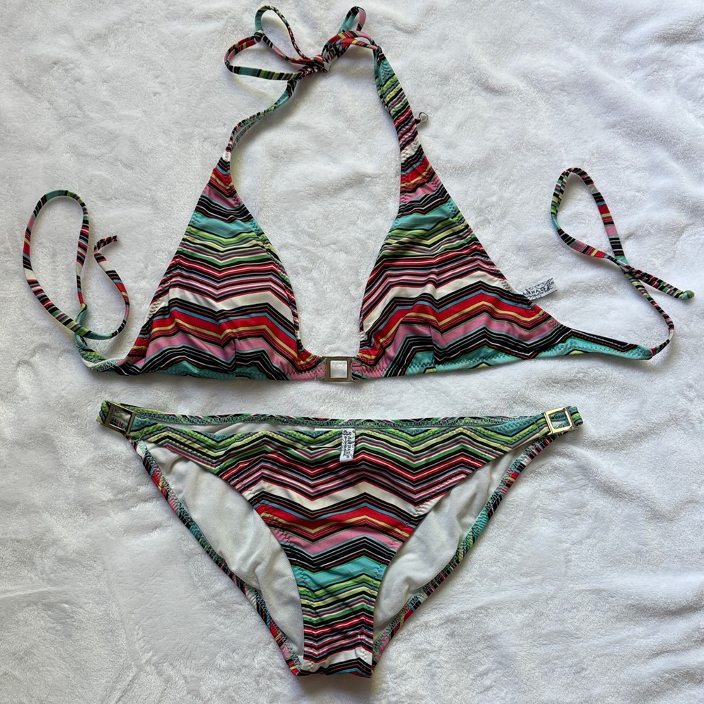 RAMPAGE  Multicolor Striped Triangle Bikini - Pink, Green, Black, Turquoise